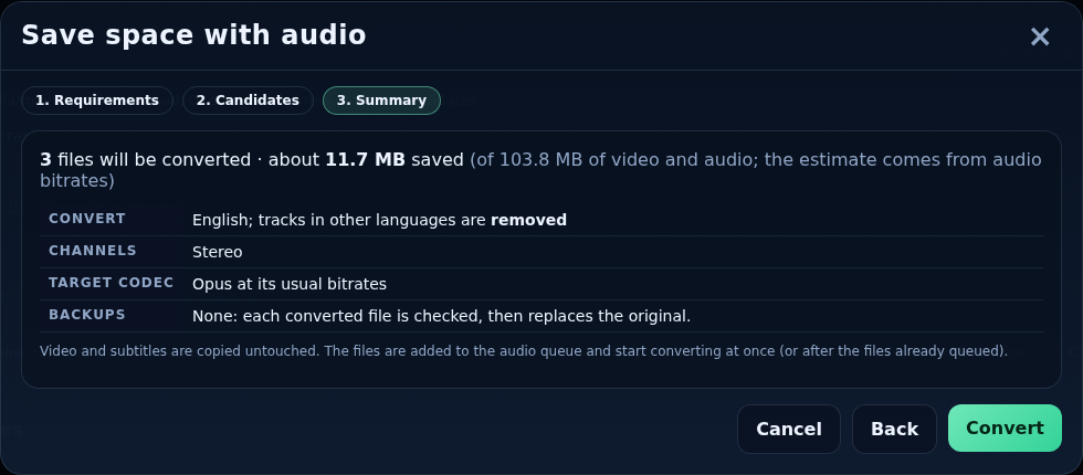 Save space wizard, step 3: Summary