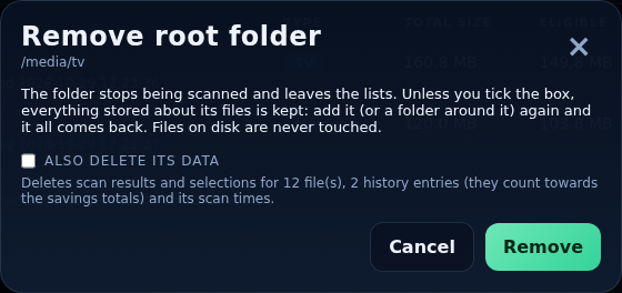 The Remove root folder dialog