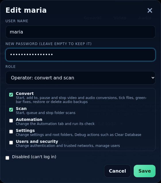 The Edit user dialog