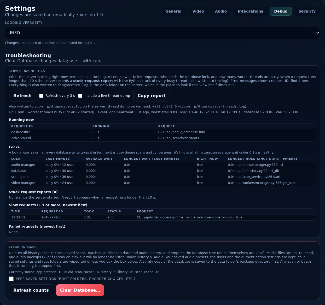 Settings, Debug section